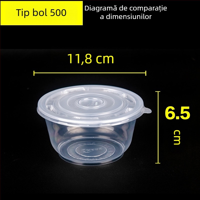 Vas de supă rotund din plastic, de unică folosință, cu capac, compatibil cu microundele, pentru tăiței, la pachet, restaurante și acasă.