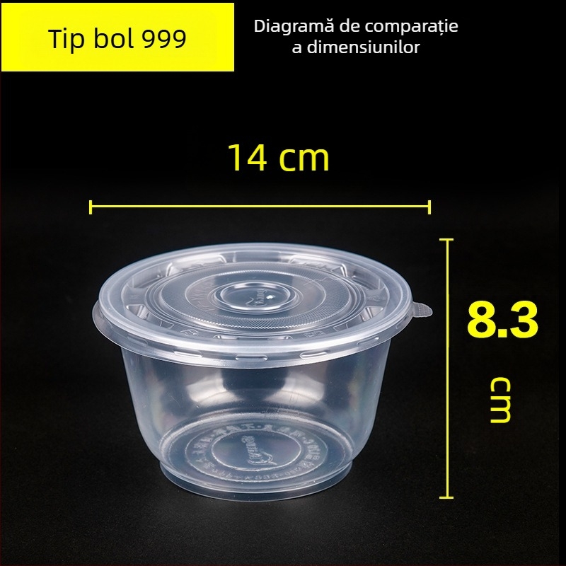 Vas de supă rotund din plastic, de unică folosință, cu capac, compatibil cu microundele, pentru tăiței, la pachet, restaurante și acasă.