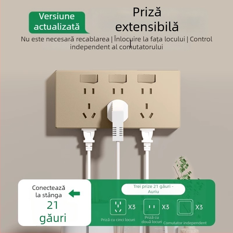 Priză de perete tip 86, multifuncțională, cu convertor și mai multe prize