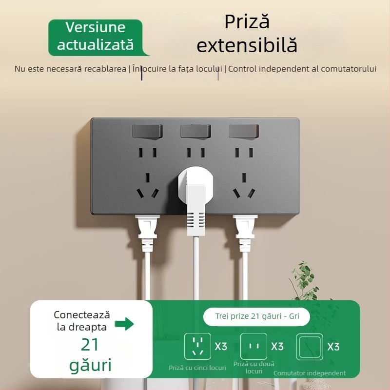 Priză de perete tip 86, multifuncțională, cu convertor și mai multe prize