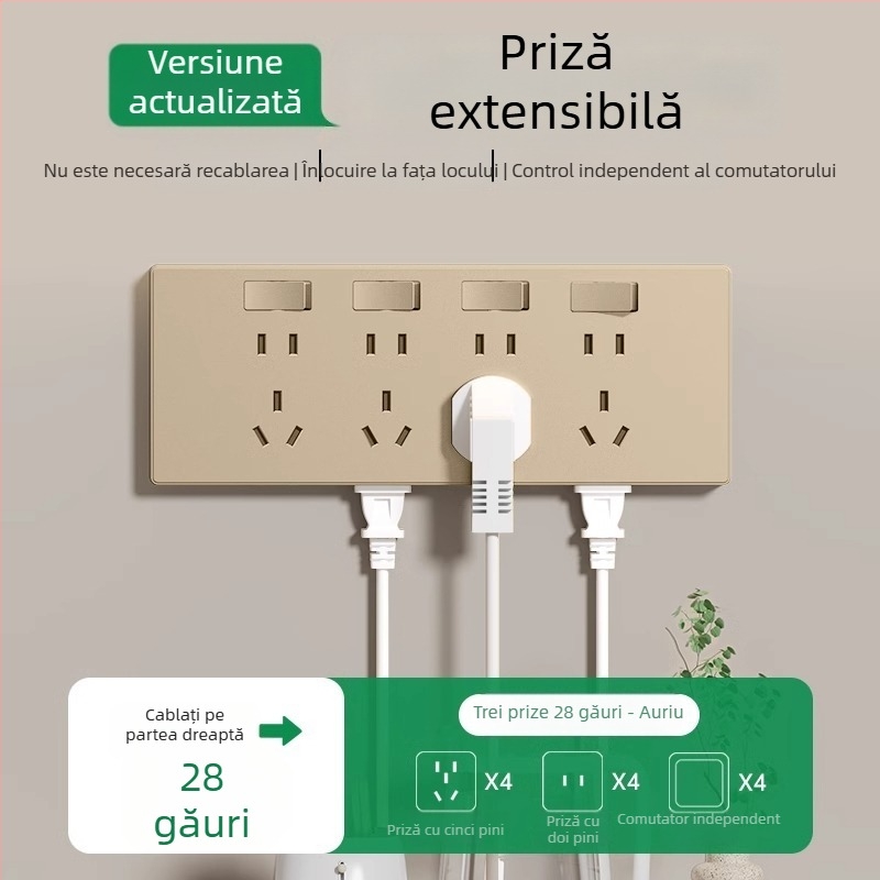 Priză de perete tip 86, multifuncțională, cu convertor și mai multe prize