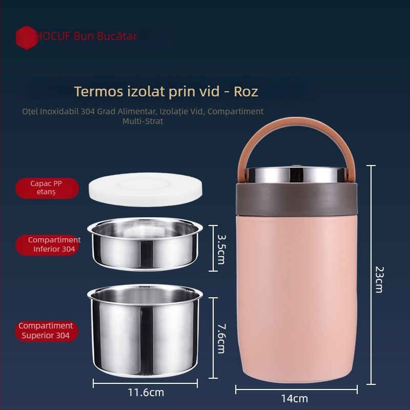 Cutie de prânz termoizolantă din oțel inoxidabil 304, rotundă, pentru elevi și angajați, de calitate alimentară