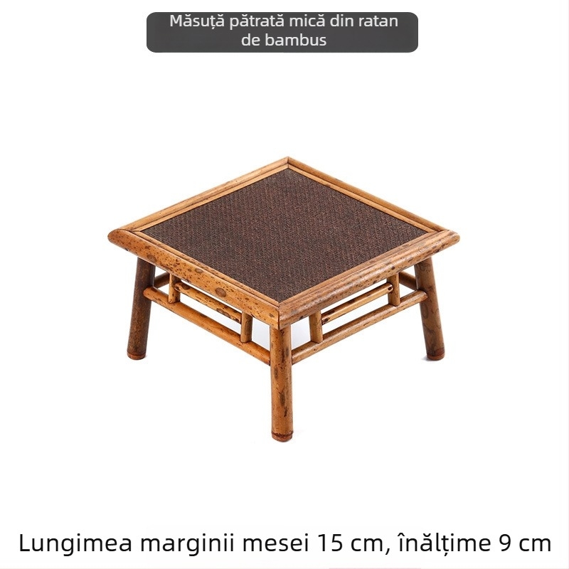 Masă mică de ceai din bambus, cu patru picioare și împletitură din răchită, stil japonez pentru ceremonia ceaiului, suport pentru ceainic și stand portabil de prezentare