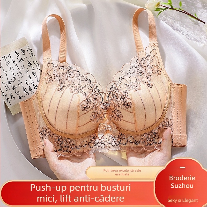 Sutien brodat push-up pentru femei, fără sârmă, reglabil, anti-cădere, cupă 3/4, strângere laterală