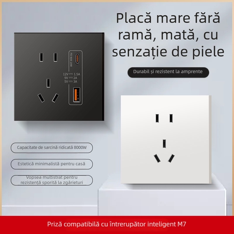 Comutator și priză tip 86, finisaj mat, pentru montaj ascuns, compatibil cu sisteme inteligente, priză 1-gang cu 5 găuri, panou pentru aer condiționat 16A