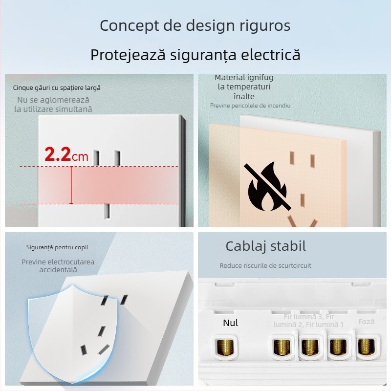Comutator și priză tip 86, finisaj mat, pentru montaj ascuns, compatibil cu sisteme inteligente, priză 1-gang cu 5 găuri, panou pentru aer condiționat 16A