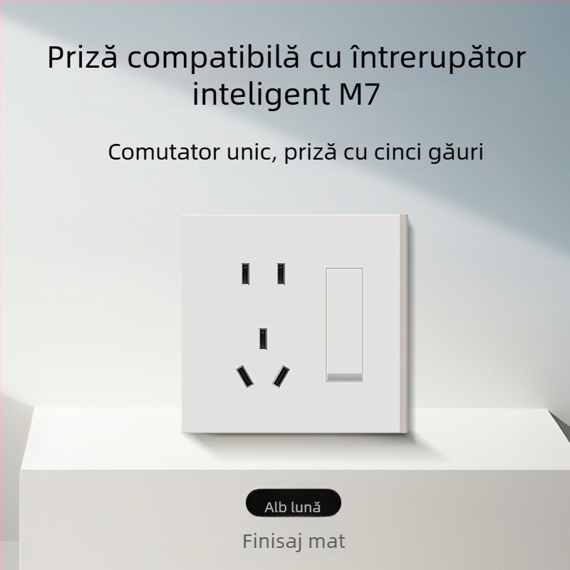 Comutator și priză tip 86, finisaj mat, pentru montaj ascuns, compatibil cu sisteme inteligente, priză 1-gang cu 5 găuri, panou pentru aer condiționat 16A