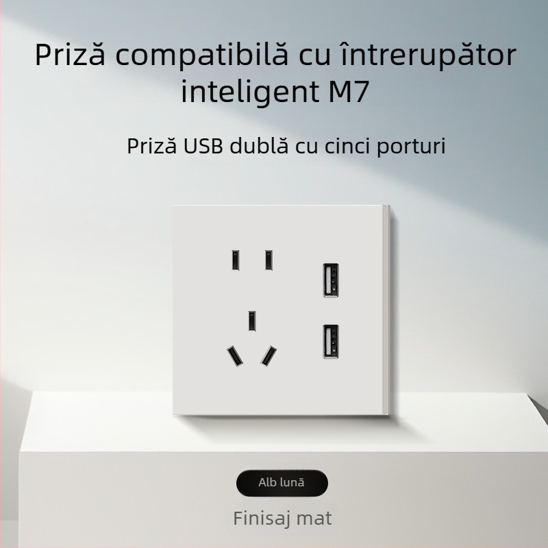 Comutator și priză tip 86, finisaj mat, pentru montaj ascuns, compatibil cu sisteme inteligente, priză 1-gang cu 5 găuri, panou pentru aer condiționat 16A