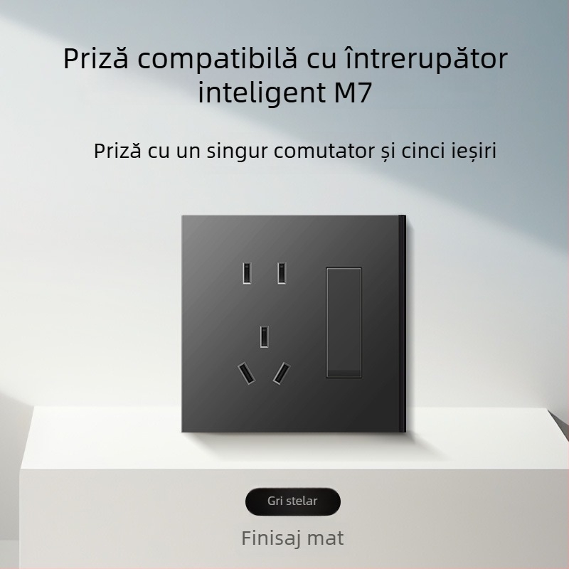 Comutator și priză tip 86, finisaj mat, pentru montaj ascuns, compatibil cu sisteme inteligente, priză 1-gang cu 5 găuri, panou pentru aer condiționat 16A