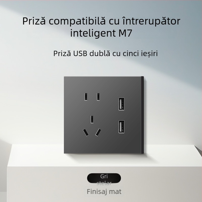 Comutator și priză tip 86, finisaj mat, pentru montaj ascuns, compatibil cu sisteme inteligente, priză 1-gang cu 5 găuri, panou pentru aer condiționat 16A