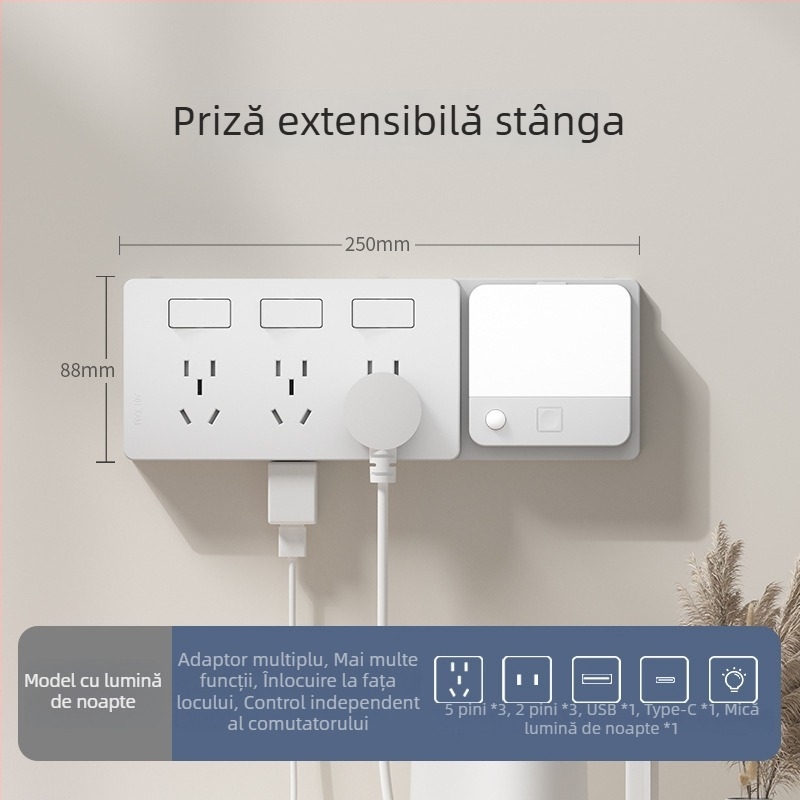Priză extensibilă de tip 86 cu mai multe prize – Convertor multifuncțional pentru bucătărie, protecție inteligentă la tensiune redusă