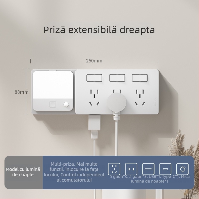 Priză extensibilă de tip 86 cu mai multe prize – Convertor multifuncțional pentru bucătărie, protecție inteligentă la tensiune redusă