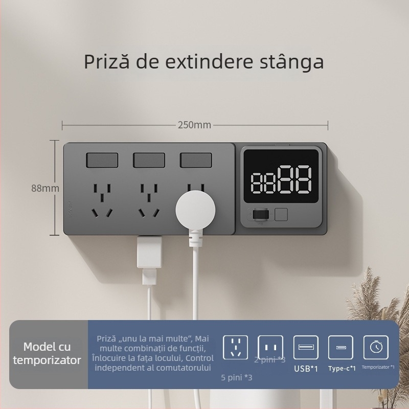 Priză extensibilă de tip 86 cu mai multe prize – Convertor multifuncțional pentru bucătărie, protecție inteligentă la tensiune redusă