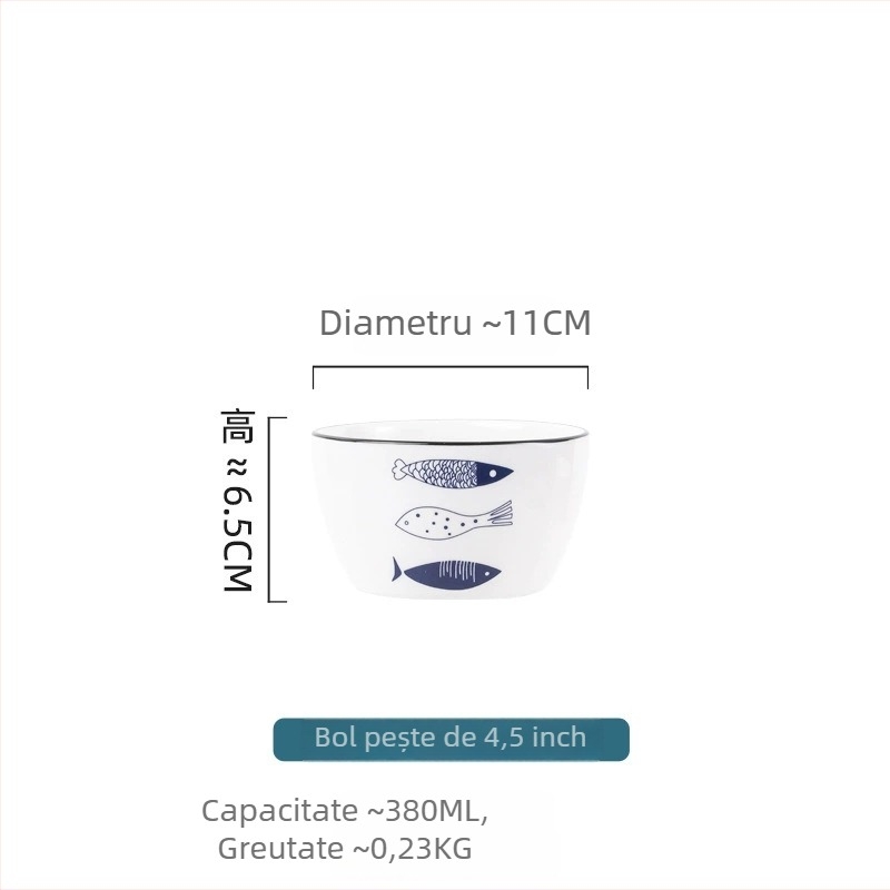 Set ceramic pentru masă: farfurii și boluri, design desen animat, bol mare de supă, farfurie în formă de pește, boluri pentru salată de fructe.
