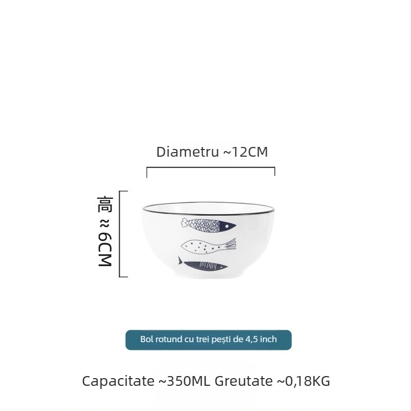 Set ceramic pentru masă: farfurii și boluri, design desen animat, bol mare de supă, farfurie în formă de pește, boluri pentru salată de fructe.