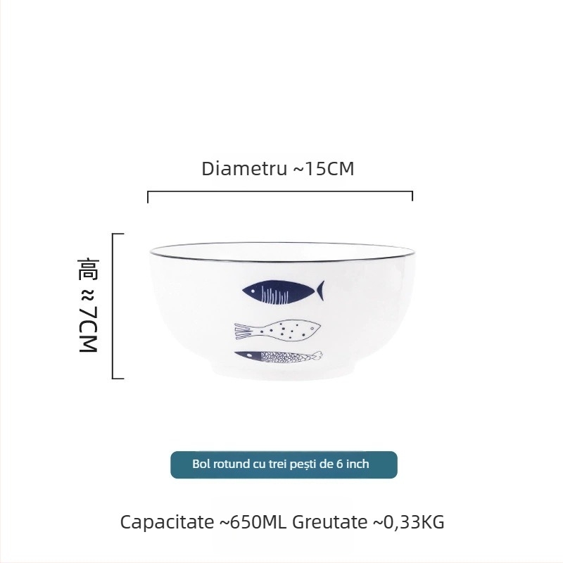 Set ceramic pentru masă: farfurii și boluri, design desen animat, bol mare de supă, farfurie în formă de pește, boluri pentru salată de fructe.