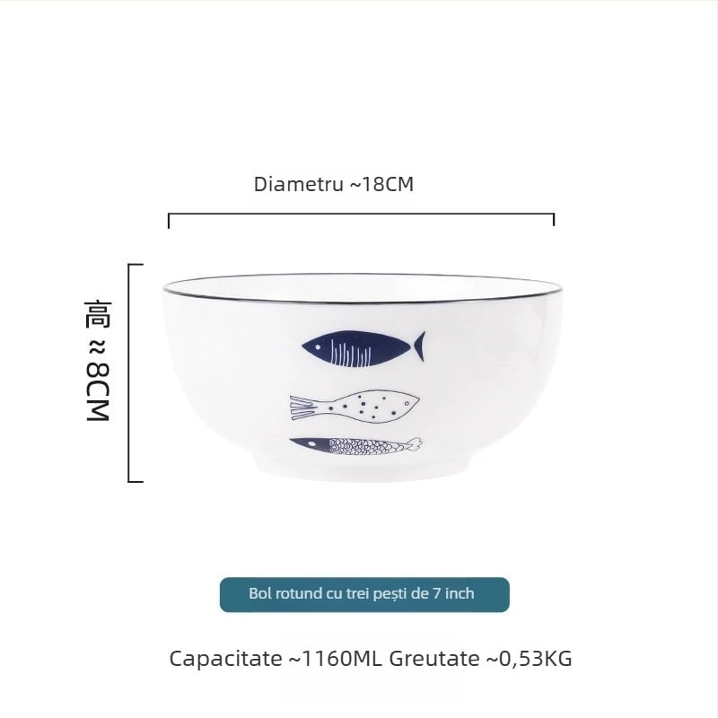 Set ceramic pentru masă: farfurii și boluri, design desen animat, bol mare de supă, farfurie în formă de pește, boluri pentru salată de fructe.