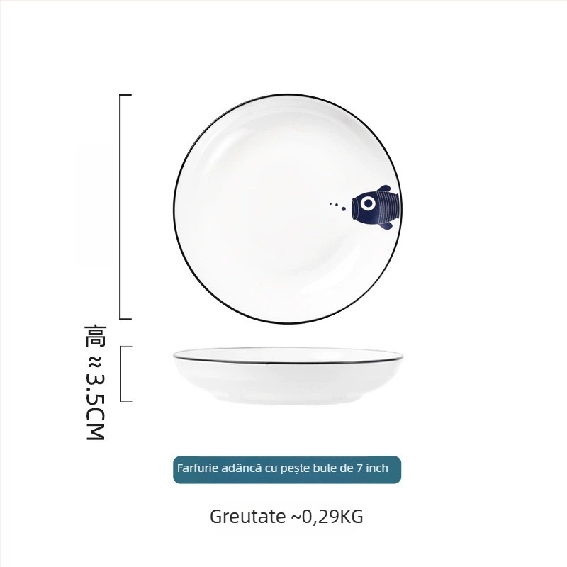 Set ceramic pentru masă: farfurii și boluri, design desen animat, bol mare de supă, farfurie în formă de pește, boluri pentru salată de fructe.