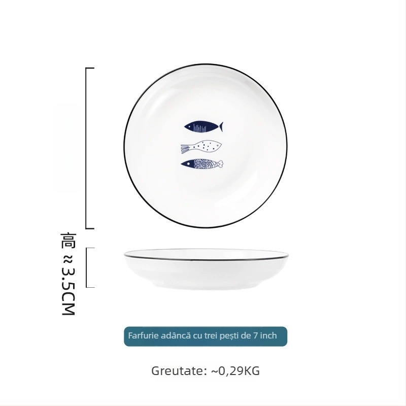 Set ceramic pentru masă: farfurii și boluri, design desen animat, bol mare de supă, farfurie în formă de pește, boluri pentru salată de fructe.