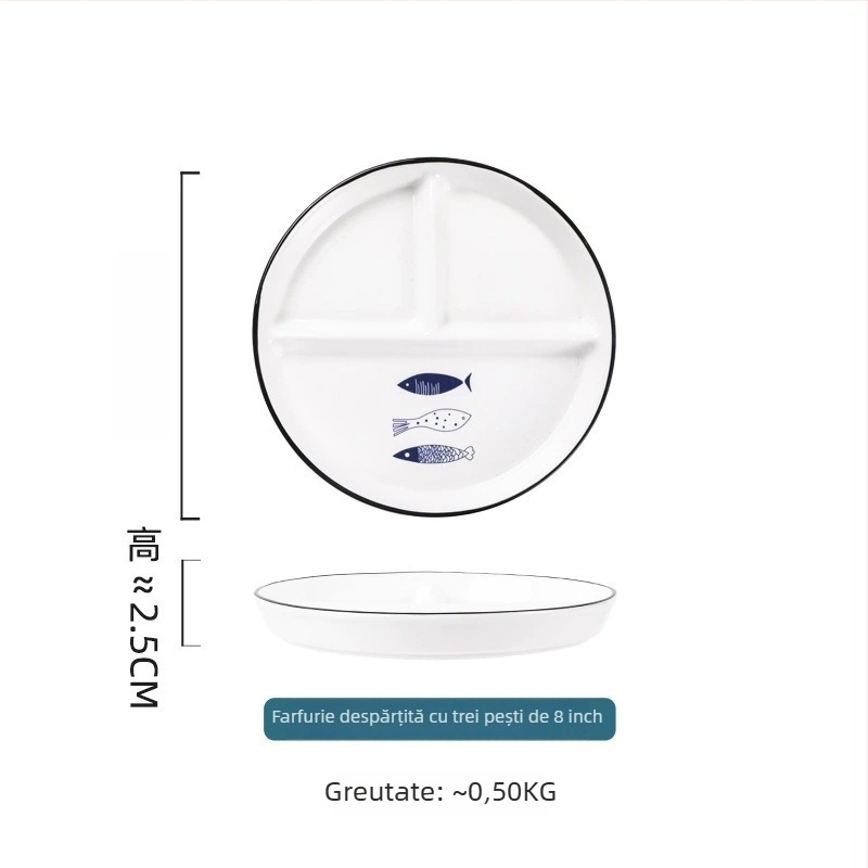 Set ceramic pentru masă: farfurii și boluri, design desen animat, bol mare de supă, farfurie în formă de pește, boluri pentru salată de fructe.