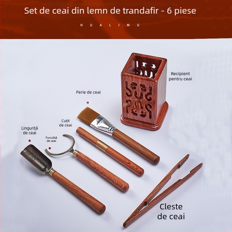 Set din lemn pentru ceremonia ceaiului – Cei Șase Domni ai Ceaiului, design pătrat decupat, clemă pentru ceai, linguriță și suport pentru ceașcă