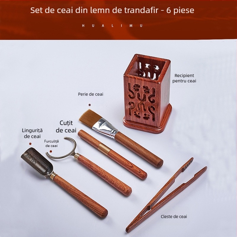Set din lemn pentru ceremonia ceaiului – Cei Șase Domni ai Ceaiului, design pătrat decupat, clemă pentru ceai, linguriță și suport pentru ceașcă