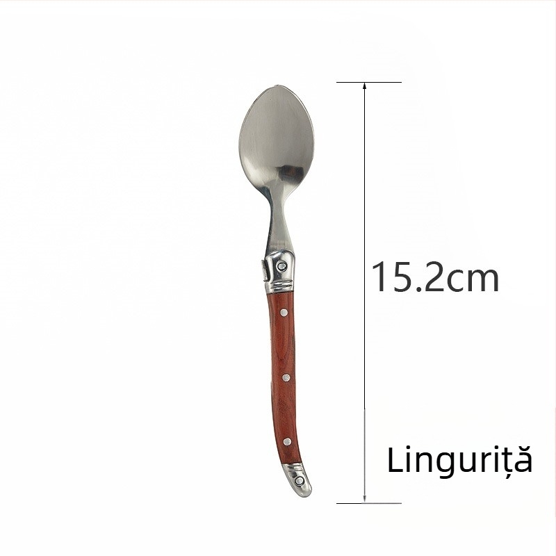Set Laguiole cu lamă zimțată — tacâmuri occidentale cu mâner din lemn: cuțit pentru steak, furculiță, lingură, oțel inoxidabil 430
