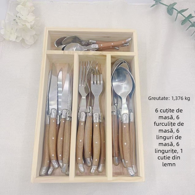 Set Laguiole cu lamă zimțată — tacâmuri occidentale cu mâner din lemn: cuțit pentru steak, furculiță, lingură, oțel inoxidabil 430