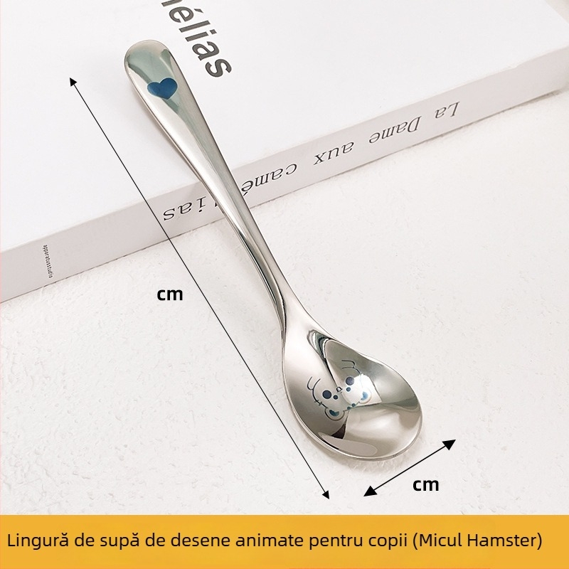 Lingură din oțel inoxidabil 304, mâner lung, cu construcție mai groasă, stil occidental, pentru uz casnic, lingură de hrănire pentru copii, cu model desen animat