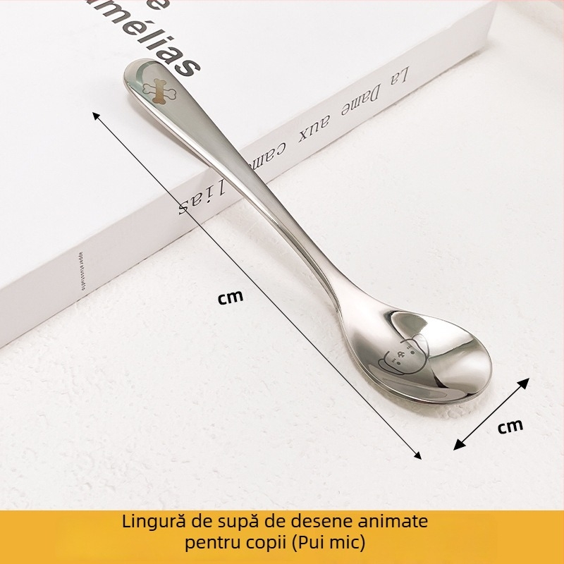 Lingură din oțel inoxidabil 304, mâner lung, cu construcție mai groasă, stil occidental, pentru uz casnic, lingură de hrănire pentru copii, cu model desen animat