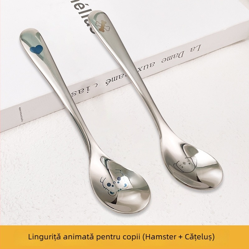 Lingură din oțel inoxidabil 304, mâner lung, cu construcție mai groasă, stil occidental, pentru uz casnic, lingură de hrănire pentru copii, cu model desen animat