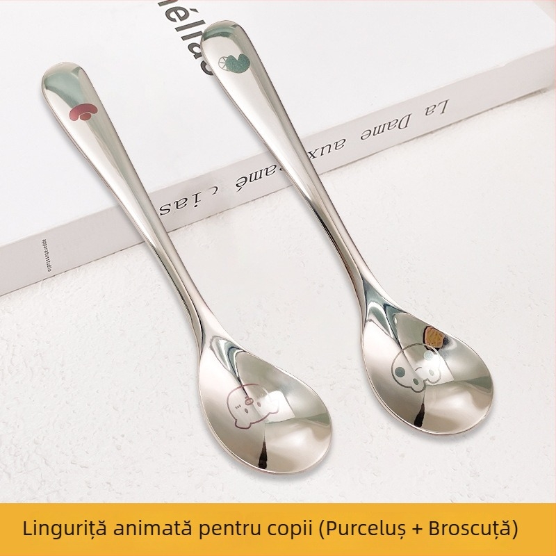 Lingură din oțel inoxidabil 304, mâner lung, cu construcție mai groasă, stil occidental, pentru uz casnic, lingură de hrănire pentru copii, cu model desen animat