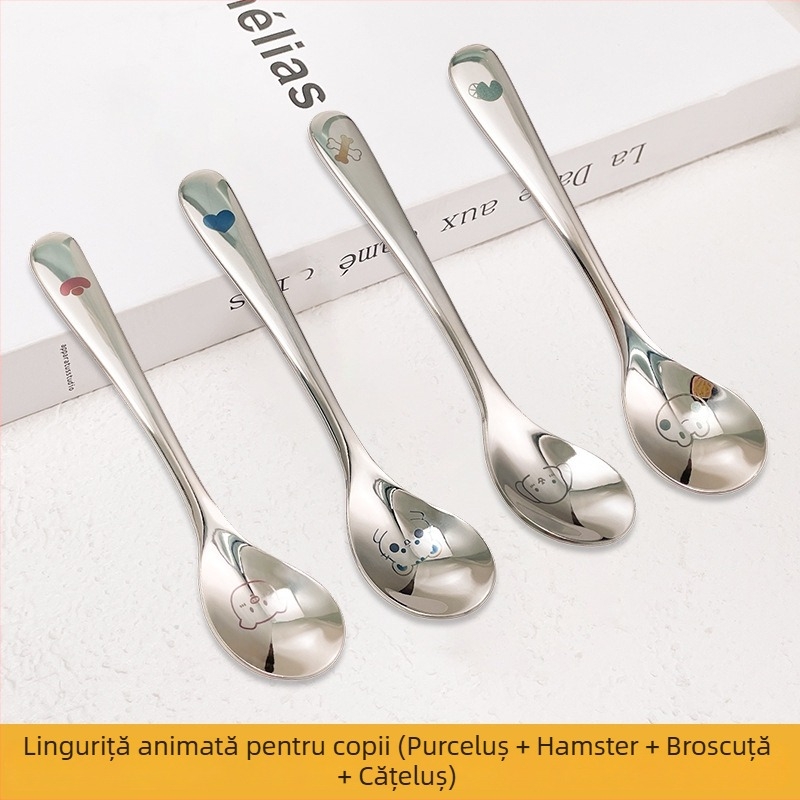 Lingură din oțel inoxidabil 304, mâner lung, cu construcție mai groasă, stil occidental, pentru uz casnic, lingură de hrănire pentru copii, cu model desen animat