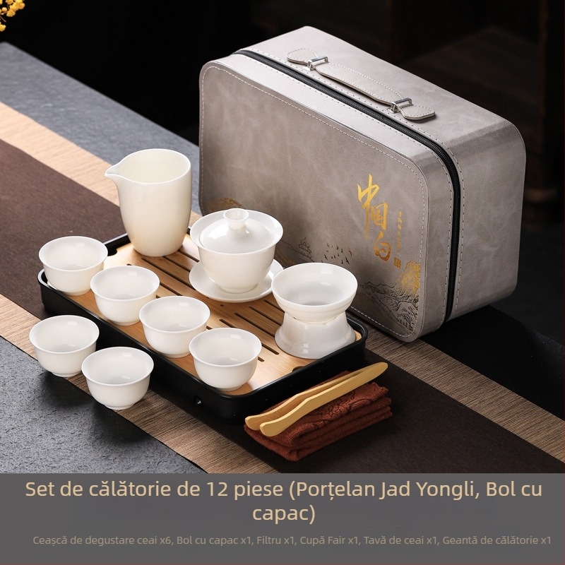 Set de ceai din porțelan alb ca jadul, în stil Gongfu — ceainic, gaiwan și cești, cutie cadou de călătorie cu imprimare a logo-ului