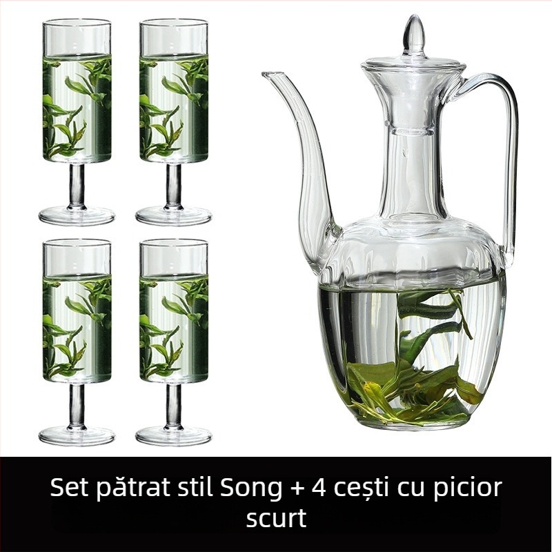 Ceainic din sticlă transparent pentru ceai verde, în stilul Dinastiei Song, cu mâner, rezistent la căldură, design retro în stilul concubinei imperiale