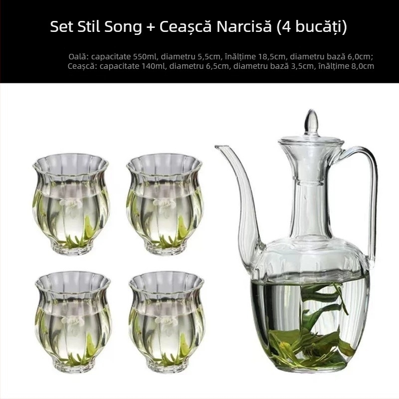 Ceainic din sticlă transparent pentru ceai verde, în stilul Dinastiei Song, cu mâner, rezistent la căldură, design retro în stilul concubinei imperiale