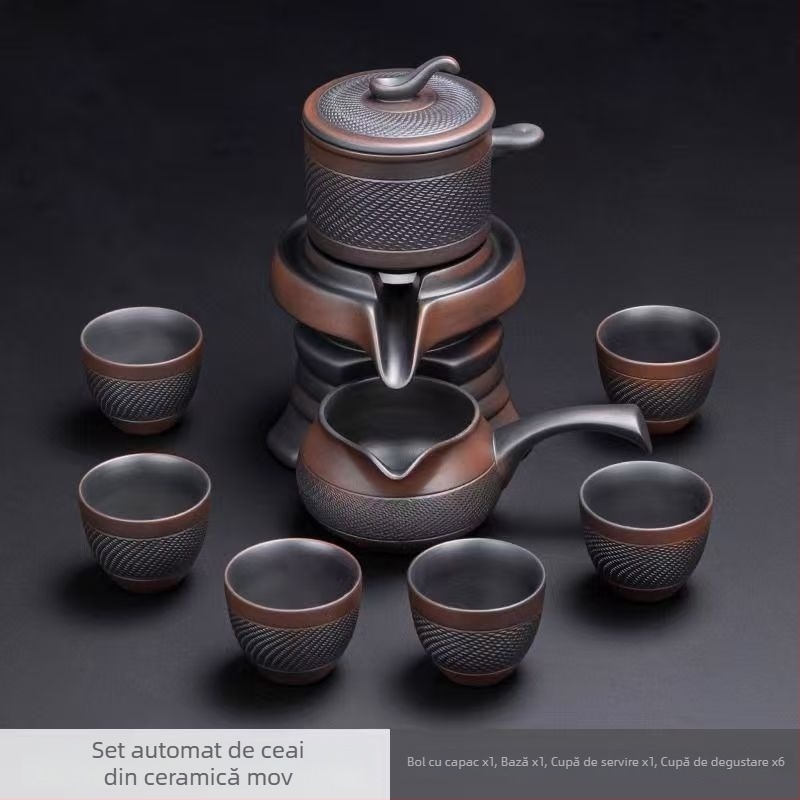 Set de ceai mov din lut cu rotație automată, ceainic cu moară de piatră, căni Kung Fu, set de ceai pentru acasă și oaspeți