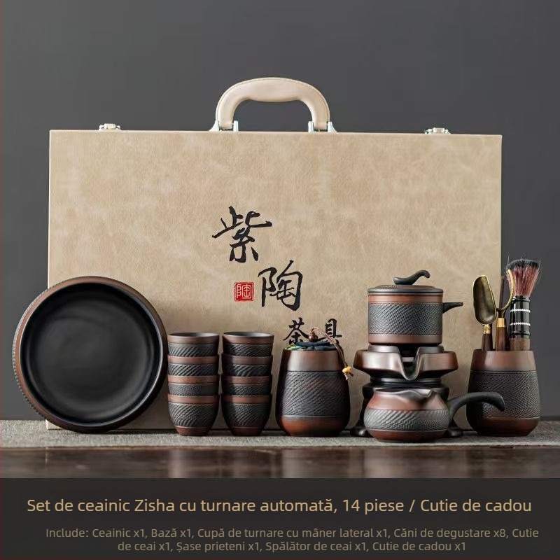 Set de ceai mov din lut cu rotație automată, ceainic cu moară de piatră, căni Kung Fu, set de ceai pentru acasă și oaspeți