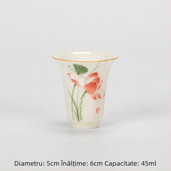 Ceașcă ceramică pentru ceai Kung Fu, cu petale pictate manual sub glazură galben miere, ceașcă aromată cu lotus, floare de piersic și crin