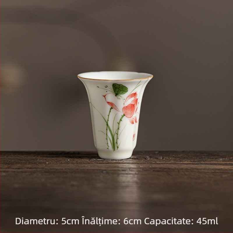 Ceașcă ceramică pentru ceai Kung Fu, cu petale pictate manual sub glazură galben miere, ceașcă aromată cu lotus, floare de piersic și crin