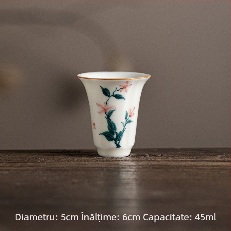 Ceașcă ceramică pentru ceai Kung Fu, cu petale pictate manual sub glazură galben miere, ceașcă aromată cu lotus, floare de piersic și crin