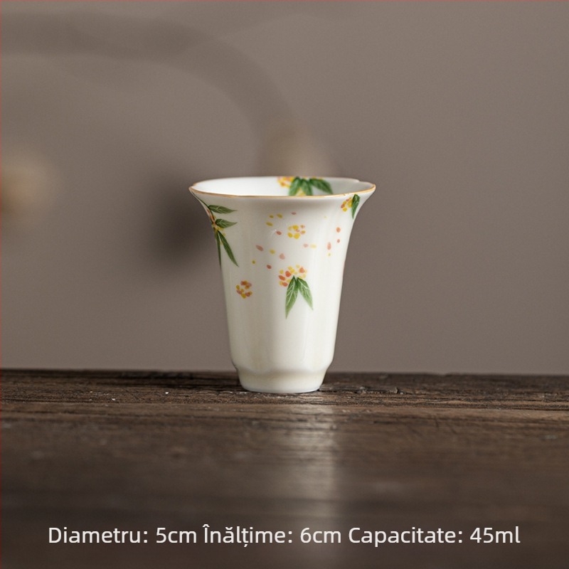 Ceașcă ceramică pentru ceai Kung Fu, cu petale pictate manual sub glazură galben miere, ceașcă aromată cu lotus, floare de piersic și crin
