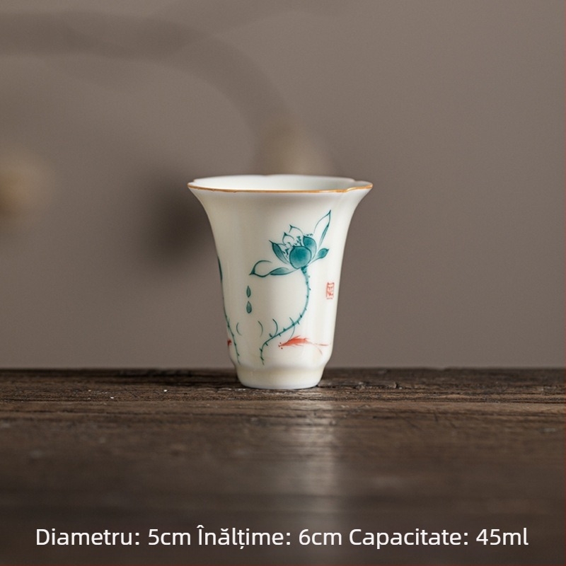 Ceașcă ceramică pentru ceai Kung Fu, cu petale pictate manual sub glazură galben miere, ceașcă aromată cu lotus, floare de piersic și crin