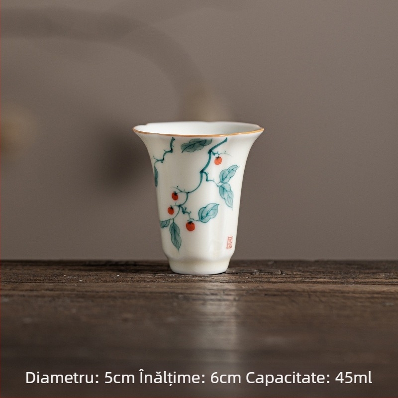 Ceașcă ceramică pentru ceai Kung Fu, cu petale pictate manual sub glazură galben miere, ceașcă aromată cu lotus, floare de piersic și crin