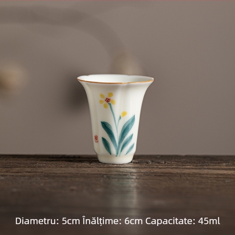 Ceașcă ceramică pentru ceai Kung Fu, cu petale pictate manual sub glazură galben miere, ceașcă aromată cu lotus, floare de piersic și crin