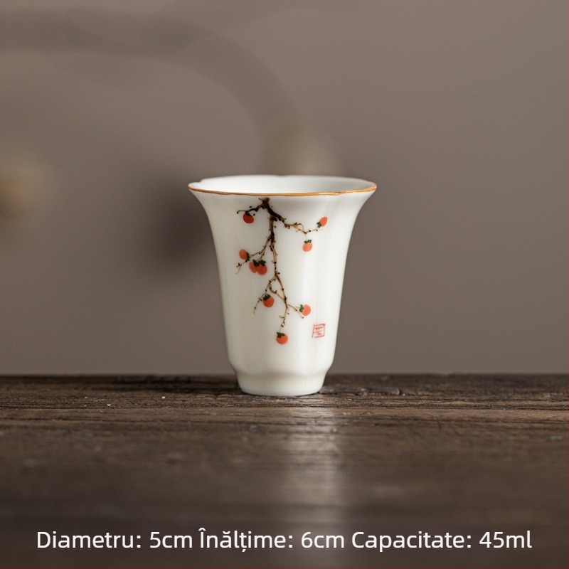 Ceașcă ceramică pentru ceai Kung Fu, cu petale pictate manual sub glazură galben miere, ceașcă aromată cu lotus, floare de piersic și crin