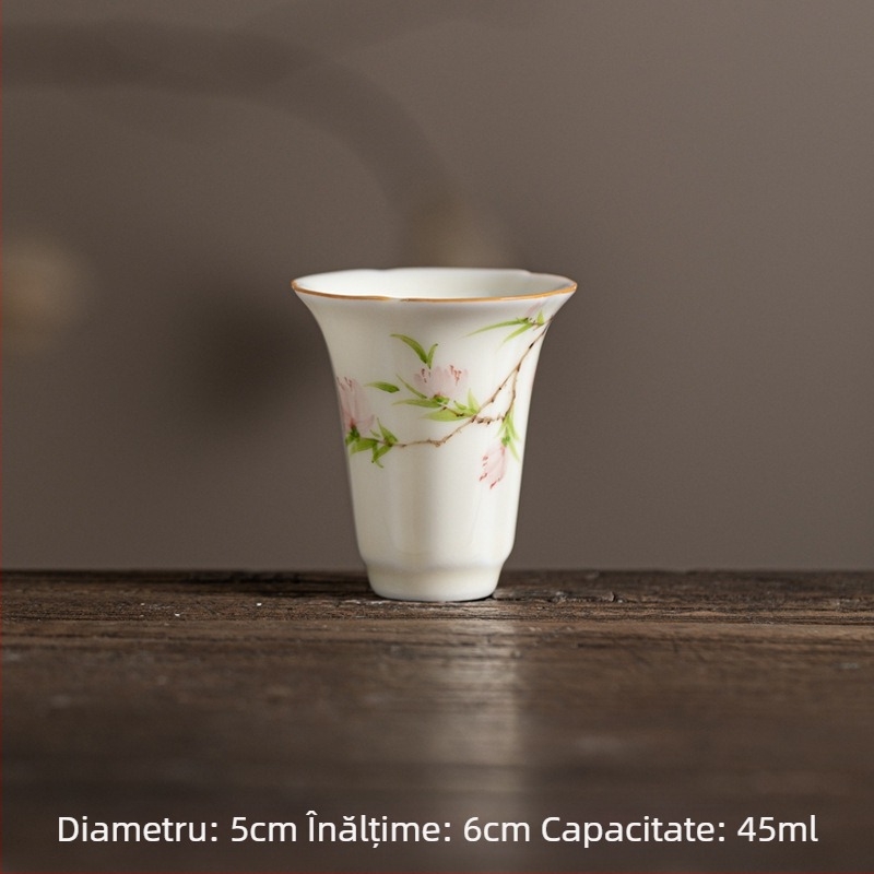 Ceașcă ceramică pentru ceai Kung Fu, cu petale pictate manual sub glazură galben miere, ceașcă aromată cu lotus, floare de piersic și crin