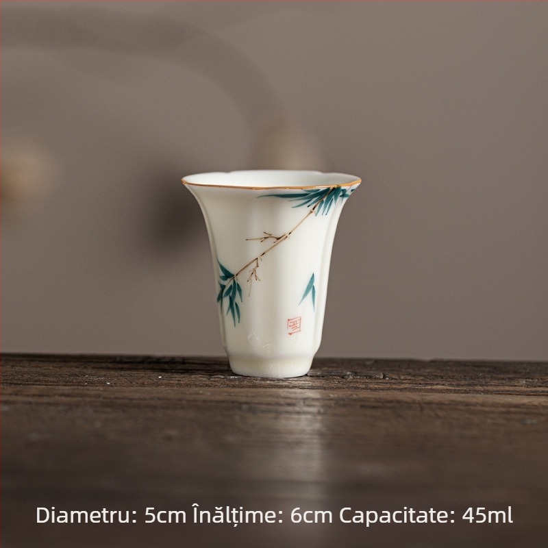 Ceașcă ceramică pentru ceai Kung Fu, cu petale pictate manual sub glazură galben miere, ceașcă aromată cu lotus, floare de piersic și crin