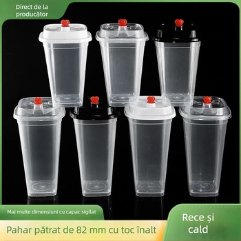 Pahar pătrat de unică folosință pentru ceai cu lapte, capac, logo personalizabil, ceai de lămâie, 400/500/600 ml