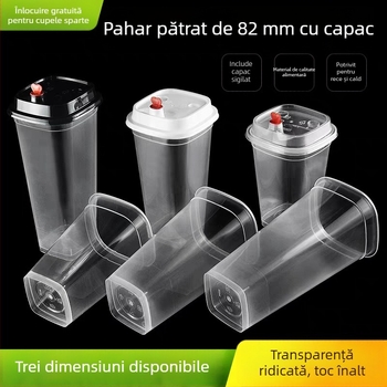 Pahar pătrat de unică folosință pentru ceai cu lapte, capac, logo personalizabil, ceai de lămâie, 400/500/600 ml